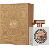 Lattafa Pride Nebras Elixir perfume, 100 ml, white bottle with copper sunburst design, matching copper cap, gold box.