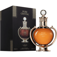 Lattafa Pride Pure Crystal perfume, ornate gold and glass bottle with pearl-like cap, next to black box packaging.