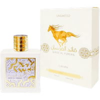 White square bottle of Lattafa Qaed Al Fursan Unlimited EDP with gold cap and horse design, 90ml.