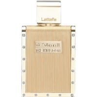 Lattafa The Kingdom Eau De Parfum, 100ml, gold rectangular bottle with ribbed texture and silver accents.