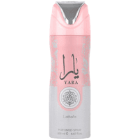 Lattafa Women's Yara Deodorant Spray, 200 ml, pink and silver can with floral design and Arabic script.