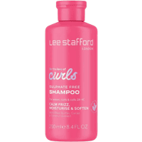 Pink Lee Stafford curl shampoo bottle, 250ml, with white text and sulfate-free label.