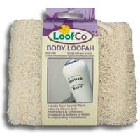 LoofCo Body Loofah, natural beige, rectangular, fibrous texture, with purple and green branded label.