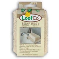 LoofCo Soap Rest, natural loofah texture, rectangular shape, with packaging showing soap bar on a sink edge.