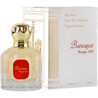 Maison Alhambra Baroque Rouge 540 EDP, 100ml, clear glass bottle with gold cap, red label, white box with gold accents.