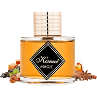 Maison Alhambra Kismet Magic perfume, 100 ml, round amber bottle with gold cap and black diamond label.