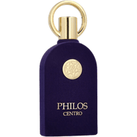 Dark blue Maison Alhambra Philos Centro perfume bottle with gold cap and embossed emblem, 100 ml size.