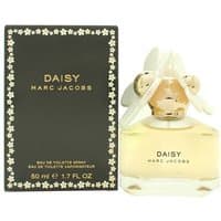 Marc Jacobs Daisy Eau de Toilette 50ml, clear bottle with floral cap, next to black box with daisy border.