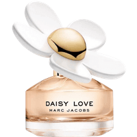 Daisy Love perfume by Marc Jacobs, 100 ml, with a gold-centered white flower cap and clear peach-tinted bottle.