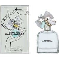 Marc Jacobs Perfect Eau de Toilette 50ml, clear bottle with whimsical cap, next to matching box with artistic design.