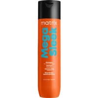 Orange Matrix Total Results Mega Sleek Shampoo bottle with black cap, blue text for frizzy hair, 300ml.