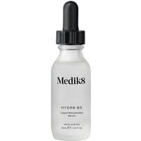 Clear frosted glass bottle of Medik8 Hydr8 B5 Serum with black dropper cap, 30ml label on front.