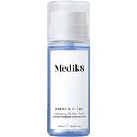 Medik8 Press & Clear 150ml bottle, clear blue liquid, white label with black text, exfoliating 2% BHA toner.