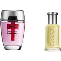 Hugo Boss aftershave bundle with silver Energise bottle and clear Bottled glass with metallic cap.