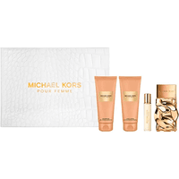 Michael Kors Femme Set with perfume, two peach tubes, gold and white packaging, and textured white box.