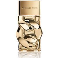 Gold Michael Kors Pour Femme perfume bottle with chain-link design and engraved cap, 50ml.