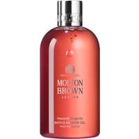 Red Molton Brown Heavenly Gingerlily Bath & Shower Gel, 300 ml bottle with silver cap and embossed logo.