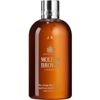 Amber bottle of Molton Brown Re-Charge Black Pepper Bath & Shower Gel with silver cap, 300 ml size.