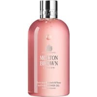 Pink Molton Brown Rhubarb & Rose Bath & Shower Gel in a clear 300 ml bottle with silver cap and embossed logo.