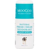 MooGoo Fresh Cream Deodorant Lemon Myrtle 60ml, white bottle with turquoise cap and label, features cow illustration.