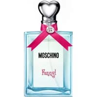 Blue Moschino Funny! Eau De Toilette 100ml bottle with heart-shaped cap and pink ribbon.