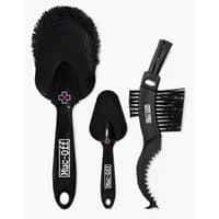 Black Muc-Off 3 Premium Brush Set with ergonomic handles, including a large soft brush, detailing brush, and claw brush.