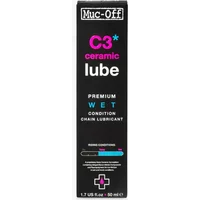 Black Muc-Off C3 Wet Weather Ceramic Lube 50ml bottle with pink and blue text, designed for chain lubrication.