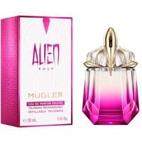 Purple and gold Mugler Alien Eau de Parfum 30ml bottle, faceted design, with matching branded box on the right.