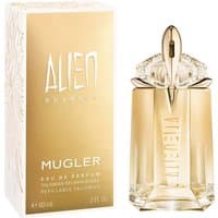 Gold Mugler Alien Goddess Eau de Parfum 60ml bottle with sculpted cap beside matching gold box.