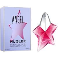 Pink star-shaped Mugler Angel Nova Eau de Parfum 50ml bottle with matching box featuring star design.
