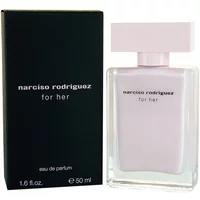 Narciso Rodriguez For Her Eau De Parfum 50ml, pink rectangular bottle with black text, next to black box.