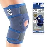 Blue Neo-G knee support with open patella design, adjustable straps, and branded logo on the side.