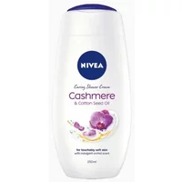 Nivea Cashmere & Cotton Seed Oil Shower Cream 250ml, white bottle with purple cap and floral design.