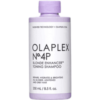 Olaplex No. 4P Blond Enhancer Toning Shampoo, 250ml, in a lavender bottle with black text and a purple cap.