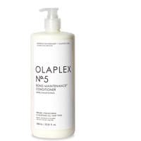 White Olaplex No.5 Bond Maintenance Conditioner bottle with pump, 1000ml, black text detailing product information.