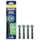 Black Oral-B Pro Cross Action toothbrush heads with X-shaped, angled bristles, pack of 4, in branded packaging.