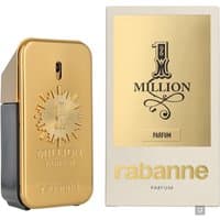 Gold Paco Rabanne 1 Million Parfum Spray 50ml bottle with embossed design, next to matching gold and white box.