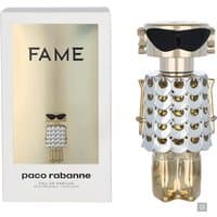 Gold and silver robot-shaped Paco Rabanne Fame Eau de Parfum Spray 80ml with black sunglasses and box.