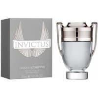 Paco Rabanne Invictus Eau de Toilette 50ml, trophy-shaped bottle with silver cap, next to gray box with winged logo.