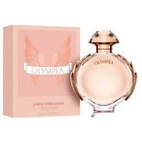 Paco Rabanne Olympea perfume, 80ml, round glass bottle with rose gold accents, matching pink box with wing design.
