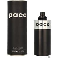 Black cylindrical Paco Rabanne Paco Eau de Toilette Spray 100ml with silver cap and matching black box.