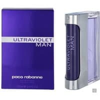 Paco Rabanne Ultraviolet Man Eau de Toilette, 100ml, sleek silver and purple bottle with matching purple box.