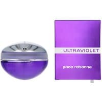 Paco Rabanne Ultraviolet Woman perfume, purple oval bottle with silver cap, next to matching purple box.