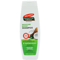 Palmer's Moisture Boost Shampoo, 400 ml white bottle with green label, coconut images, and red Palmer's logo.