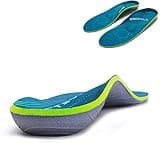 Green orthopedic insoles with arch support, blue top layer, and gray base, designed for plantar fasciitis relief.