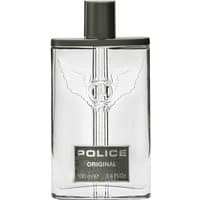 Clear rectangular Police Original Eau de Toilette bottle, 100ml, with black cap and winged logo on front.