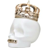 White skull-shaped perfume bottle with gold crown and "Police" label on the mouth.