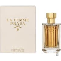 Prada La Femme Eau de Parfum 50ml, gold-capped glass bottle, with cream box featuring gold lettering.