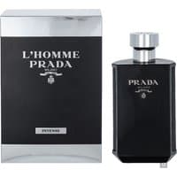 Prada L'Homme Intense Eau de Parfum 100ml, sleek black bottle with silver cap, next to matching black and silver box.