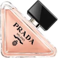 Prada Paradoxe Eau De Parfum 90ml in a triangular glass bottle with black cap and peach-colored liquid.